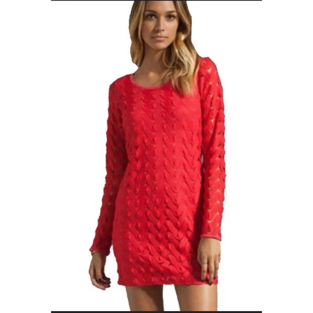 Free People Wild Thing Red Crochet Eyelet Long Sleeve Dress‎ Size L NWT